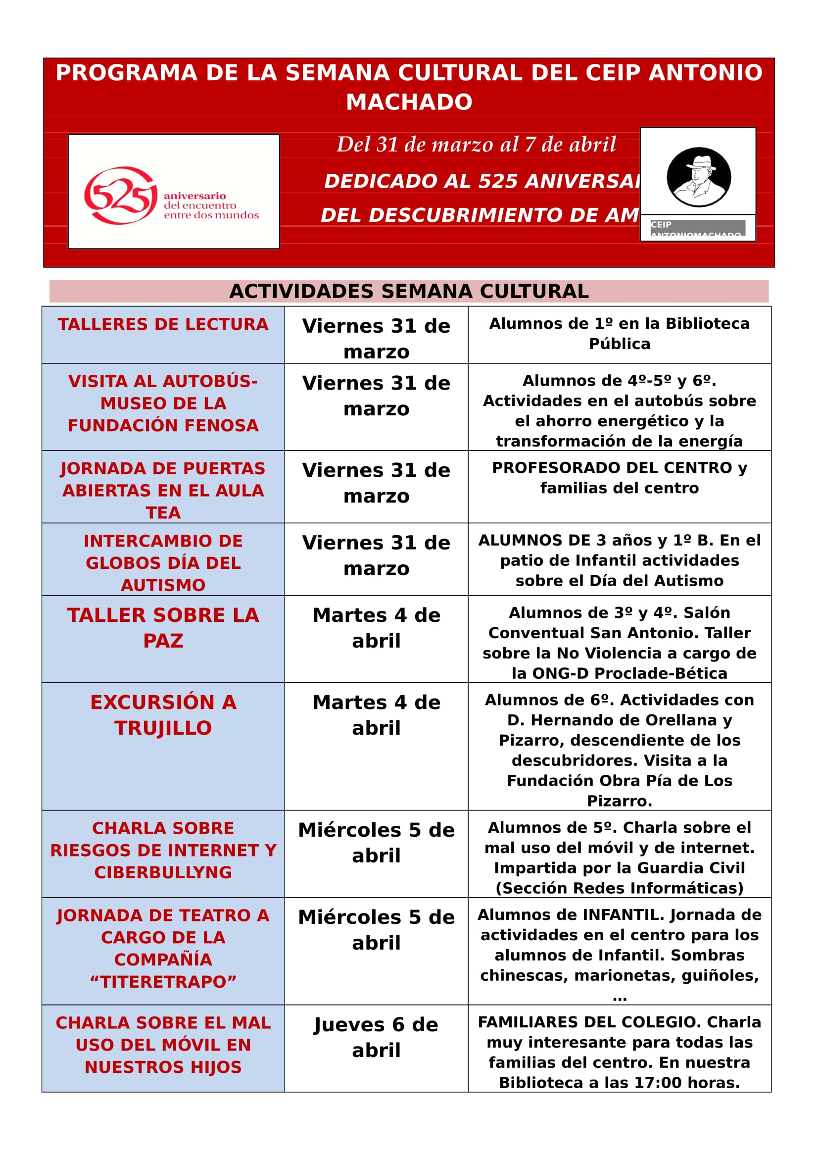 PROGRAMA ACTOS SEMANA CULTURAL ABRIL 2017 FAMILIAS 1