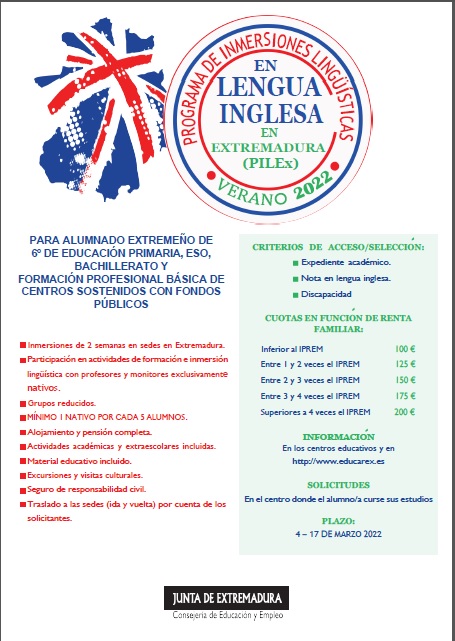 Cartel difusión inmersiones linguisticas alumnado extremeño PILEx 2022
